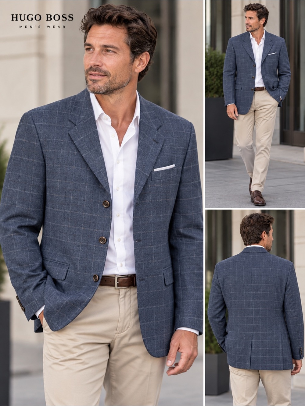 Hugo Boss VTG Blazer Mens 40R
Long Blue Check Wool Classic Three
Button USA Made